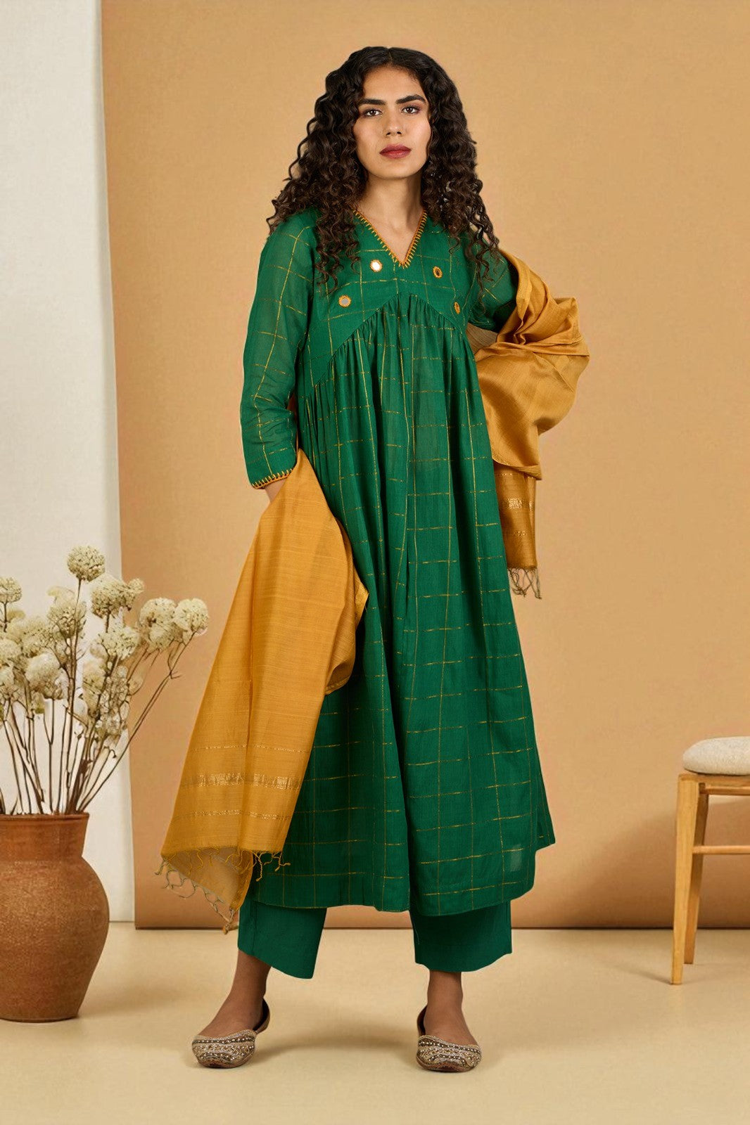 Emerald Checks  & Gold V-Neck Gather Anarkali