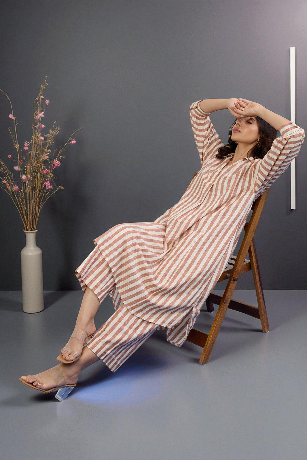 Co-ord Set Cocoa Trace Collar Box Pleat Kurta & Pants
