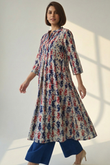 Azure Ruby Batik Stand Collar Pintuck Yoke Anarkali
