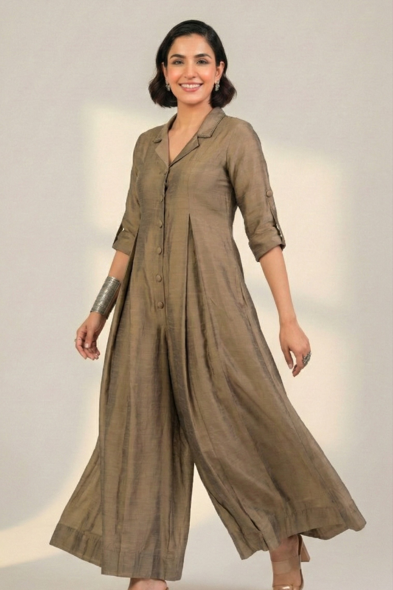 Beige Luxe Silk Slub Jumpsuit with Pockets & Collar