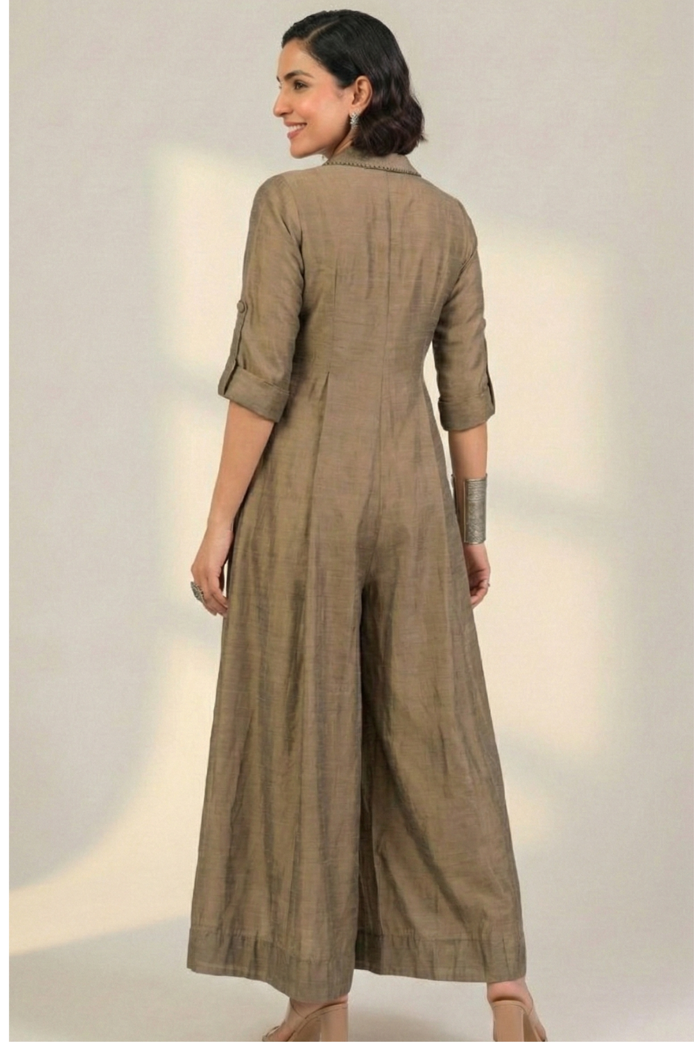 Beige Luxe Silk Slub Jumpsuit with Pockets & Collar