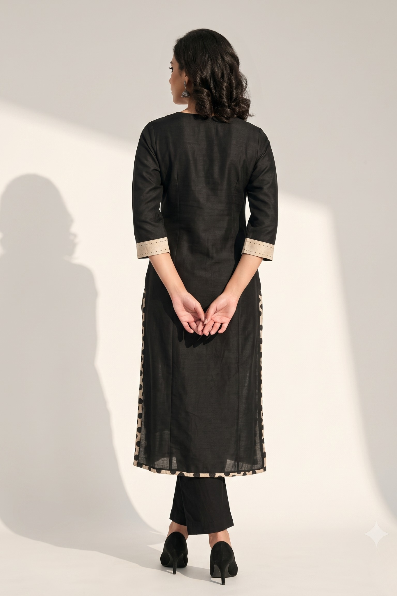 Black Luxe Weave Long Kurta With Yoke & Slit