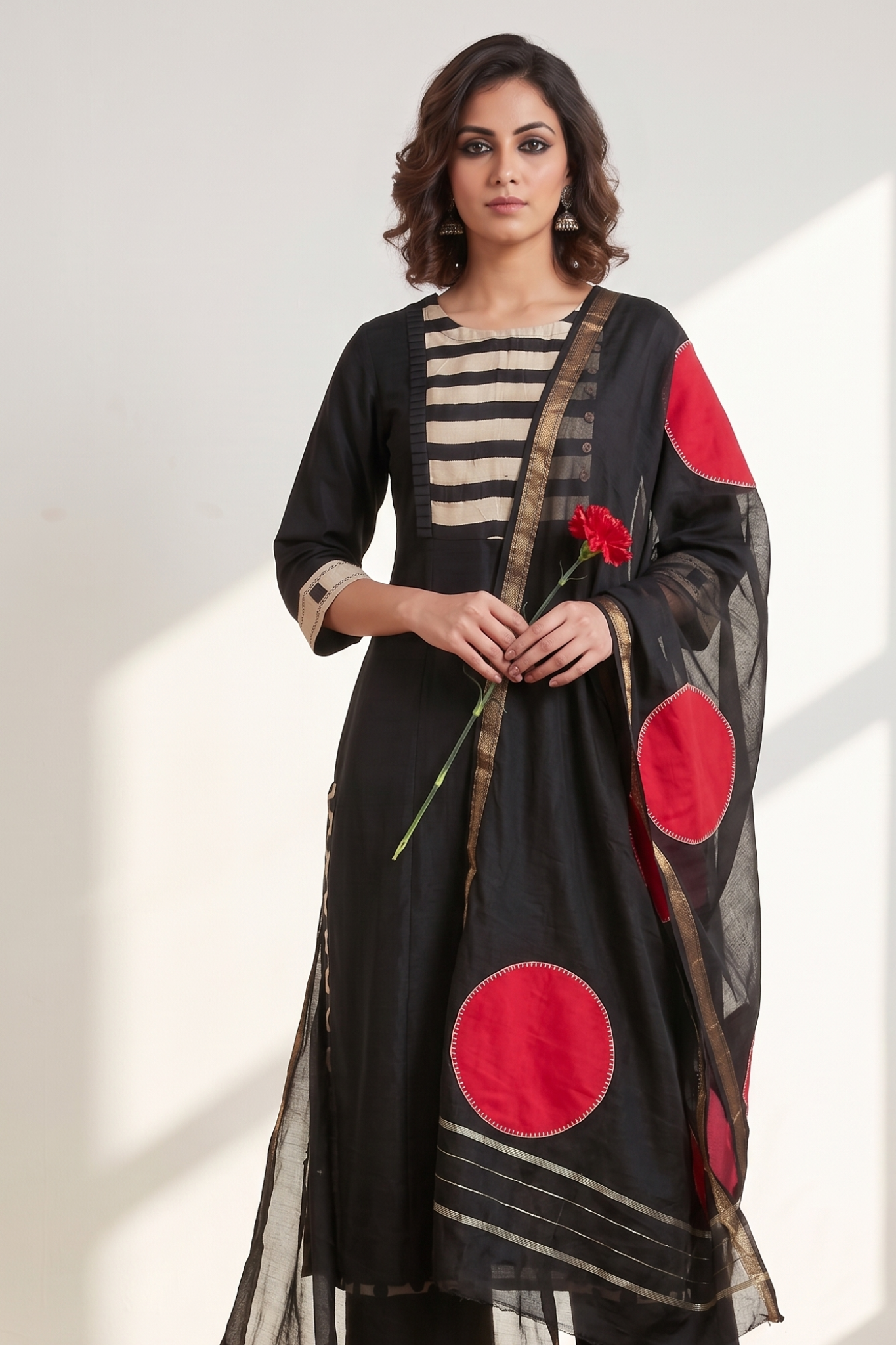 Black Luxe Weave Long Kurta With Yoke & Slit