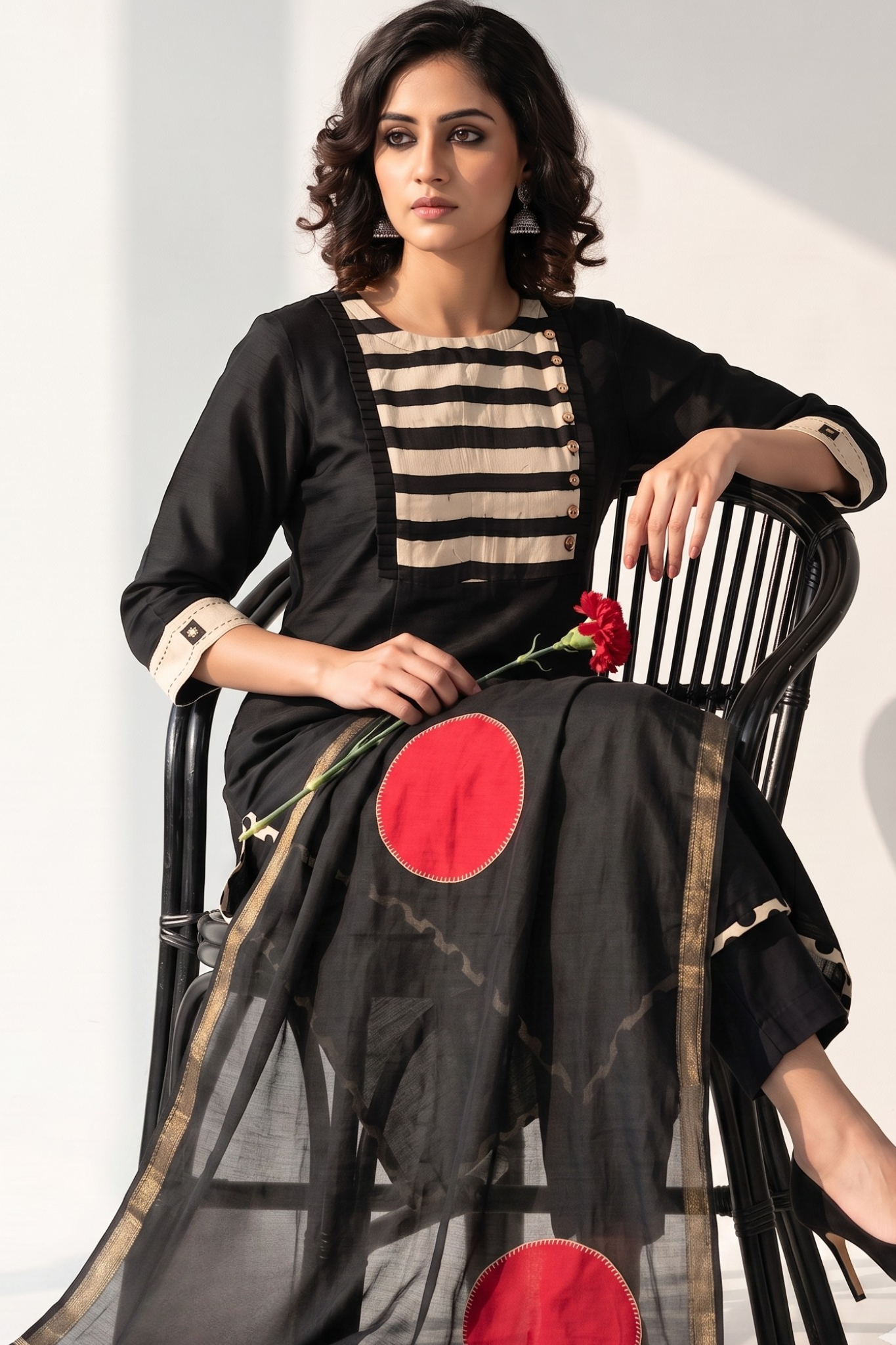 Black Luxe Weave Long Kurta With Yoke & Slit