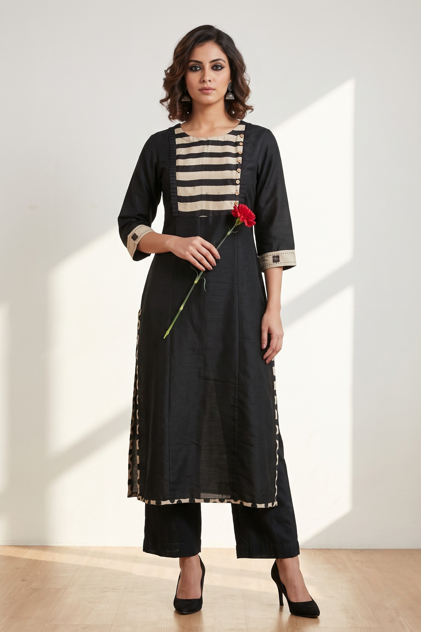 Black Luxe Weave Long Kurta With Yoke & Slit