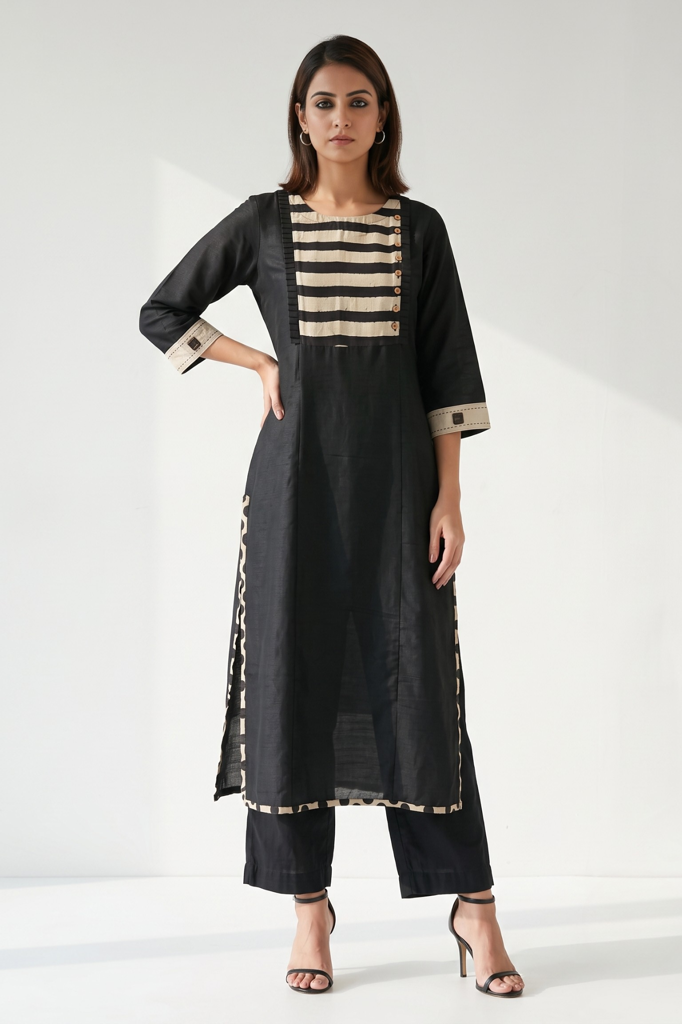 Black Luxe Weave Long Kurta With Yoke & Slit