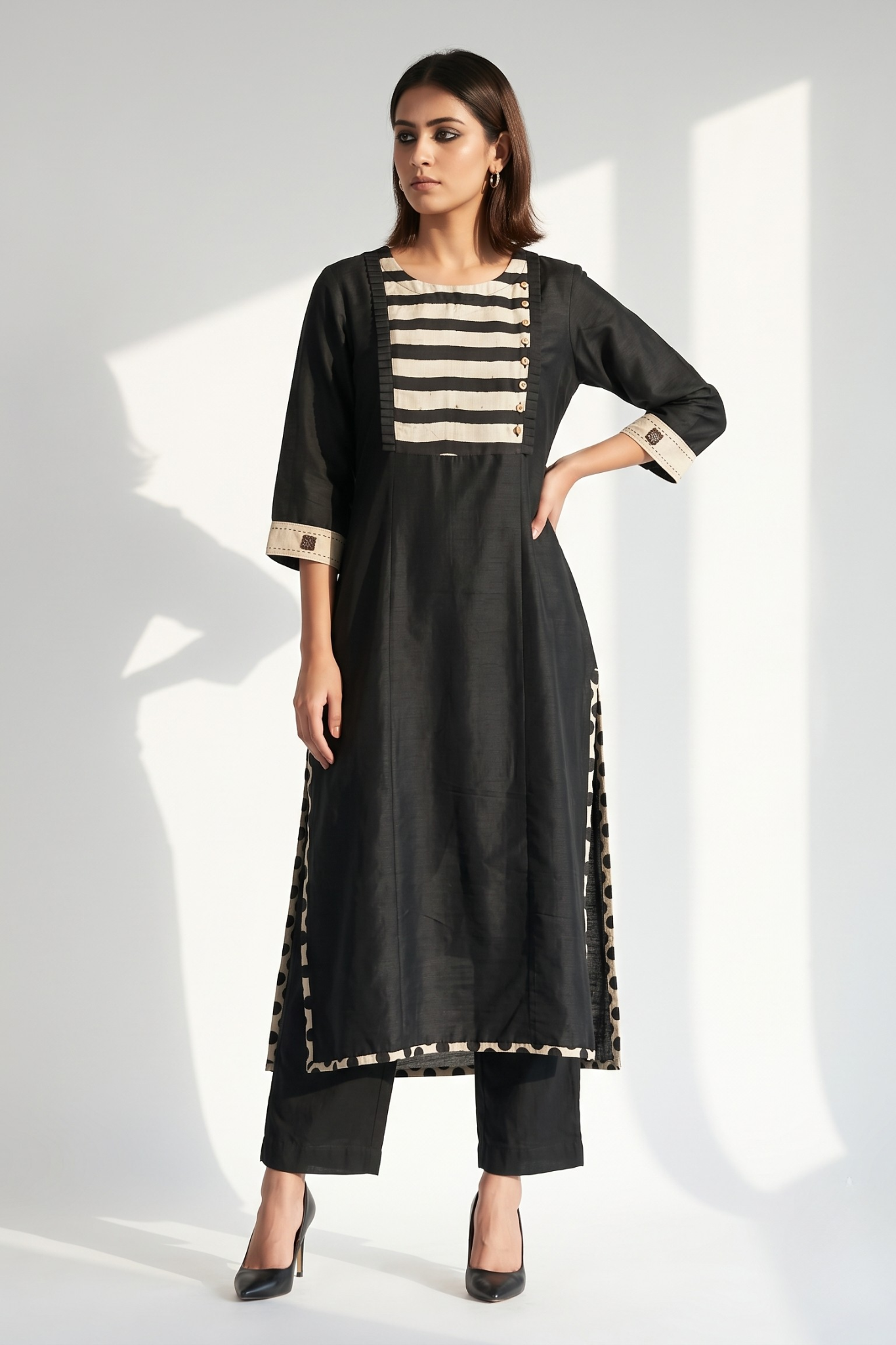 Black Luxe Weave Long Kurta With Yoke & Slit