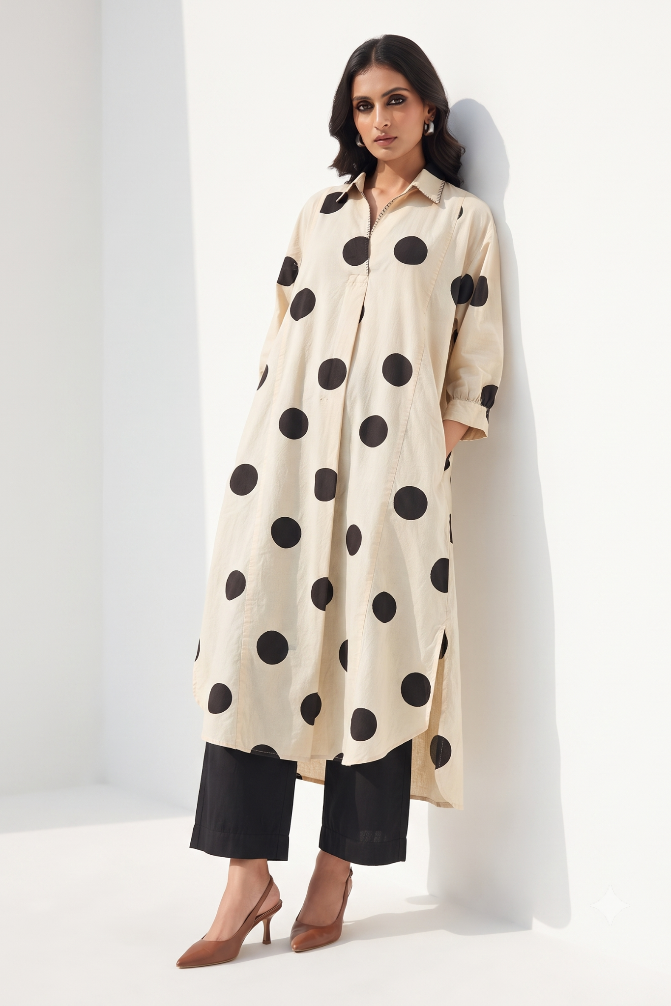 Black Pebble Dot Print Cotton Collar Box Pleat Kurta