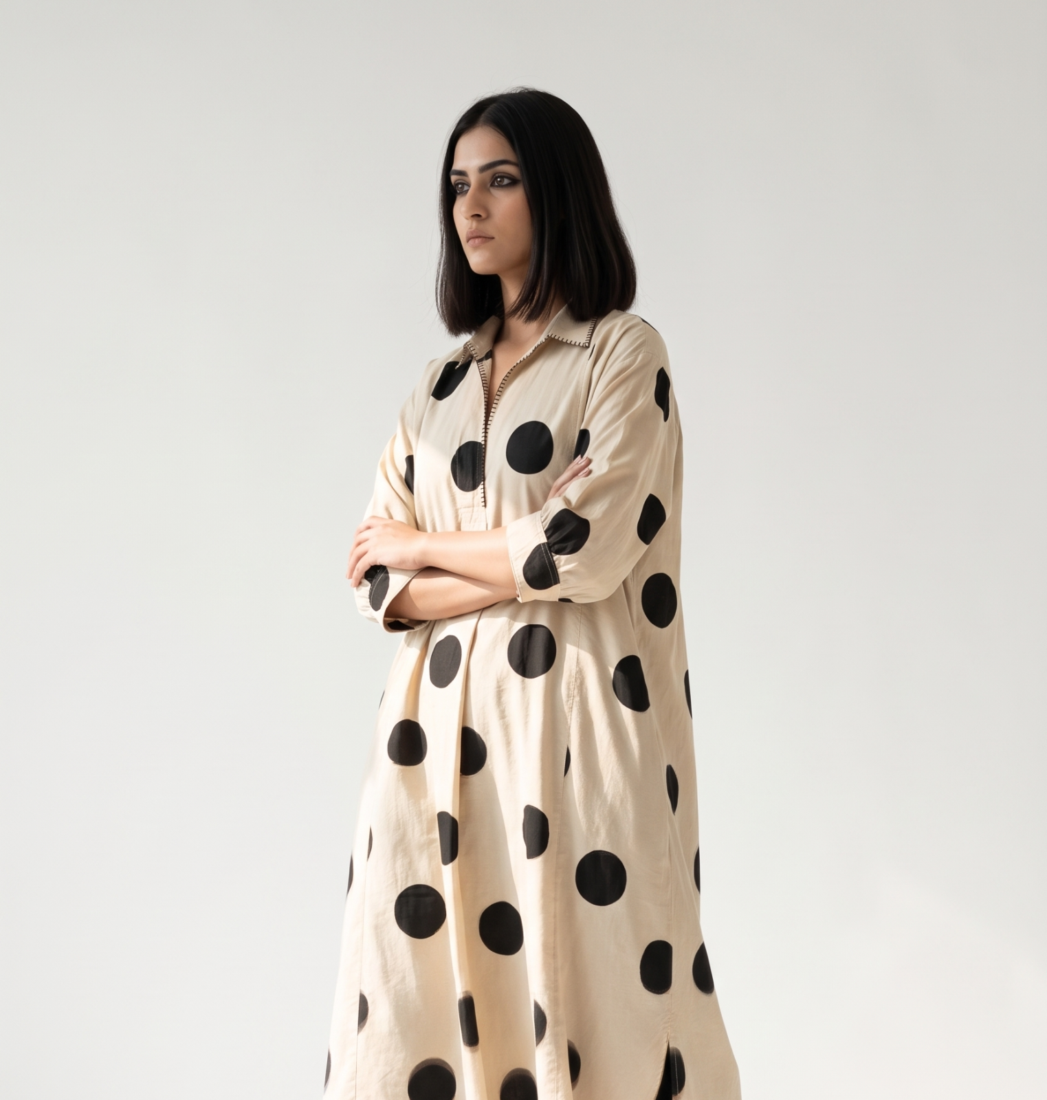 Black Pebble Dot Print Cotton Collar Box Pleat Kurta