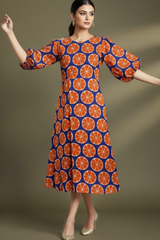 Blue Citrus Play Peasant Sleeve Cotton Dress
