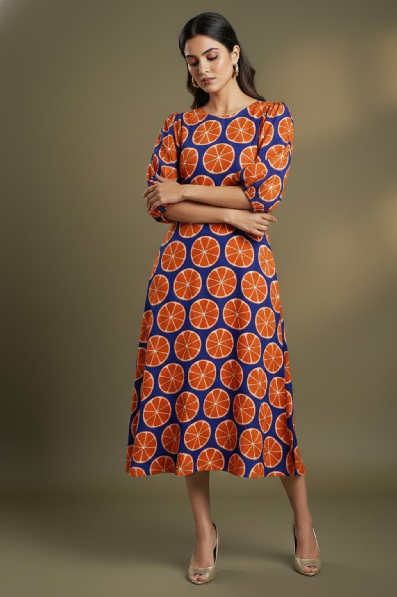 Blue Citrus Play Peasant Sleeve Cotton Dress