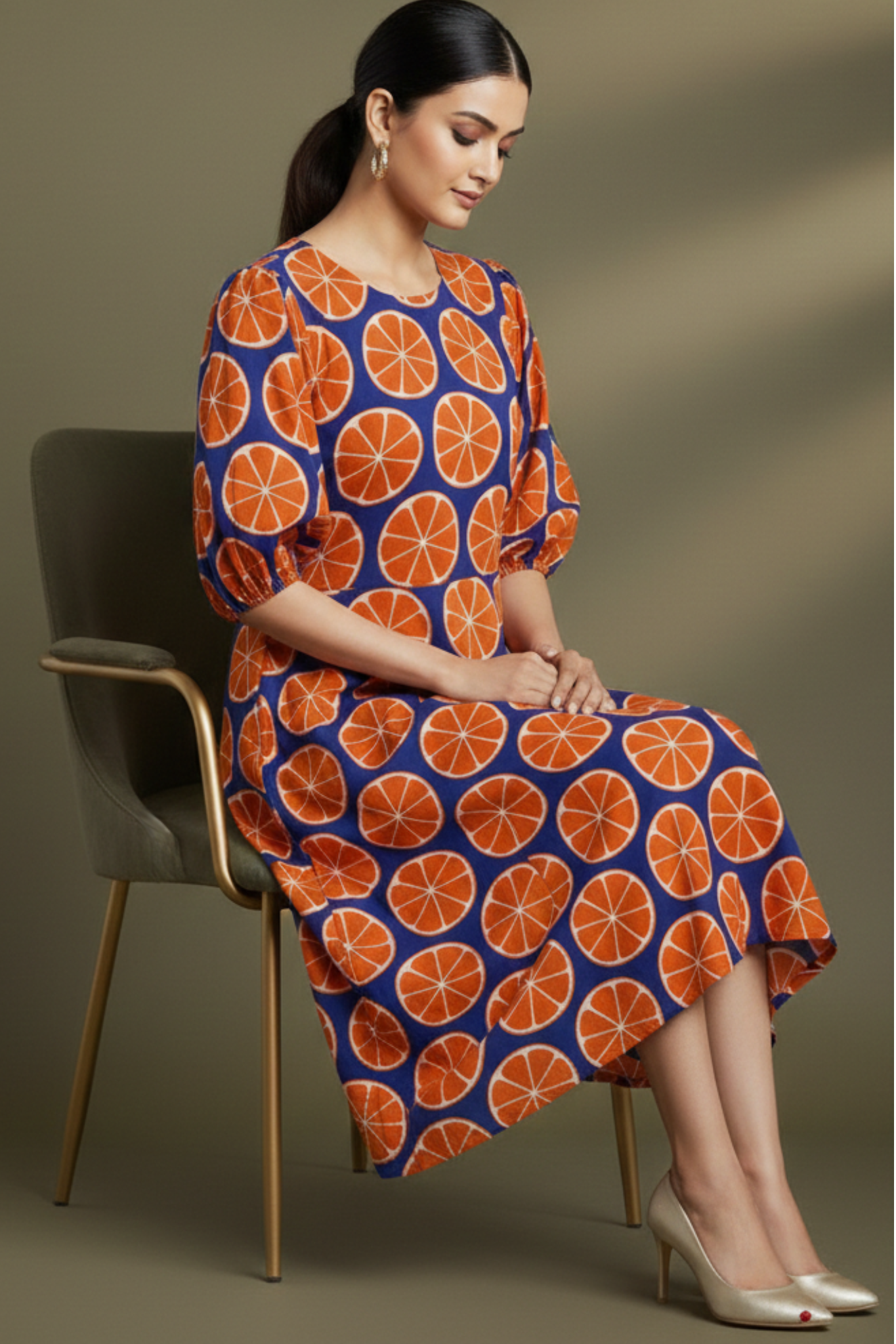 Blue Citrus Play Peasant Sleeve Cotton Dress