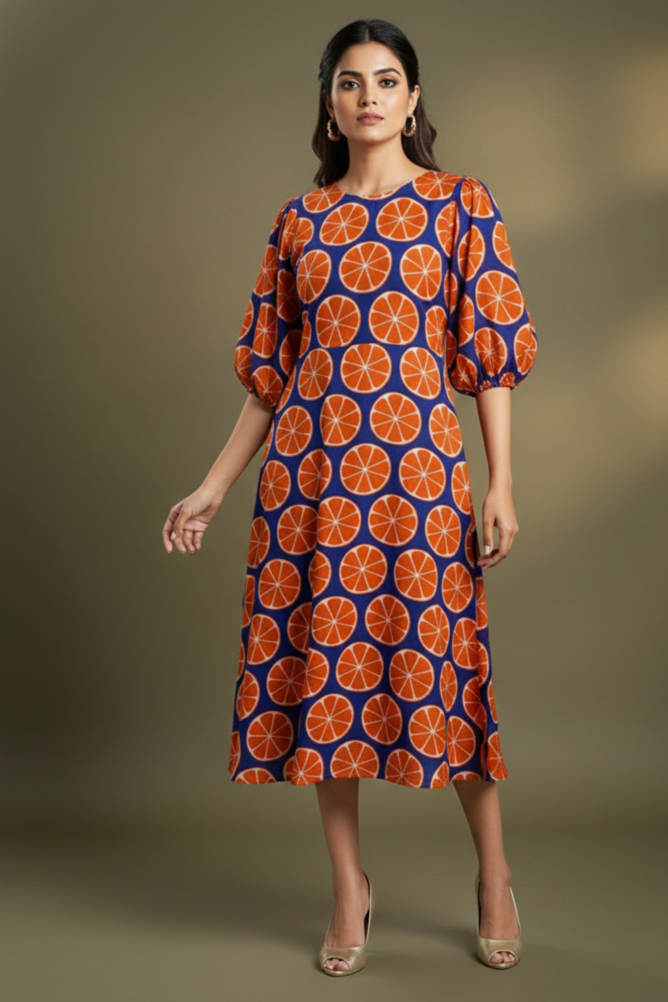 Blue Citrus Play Peasant Sleeve Cotton Dress