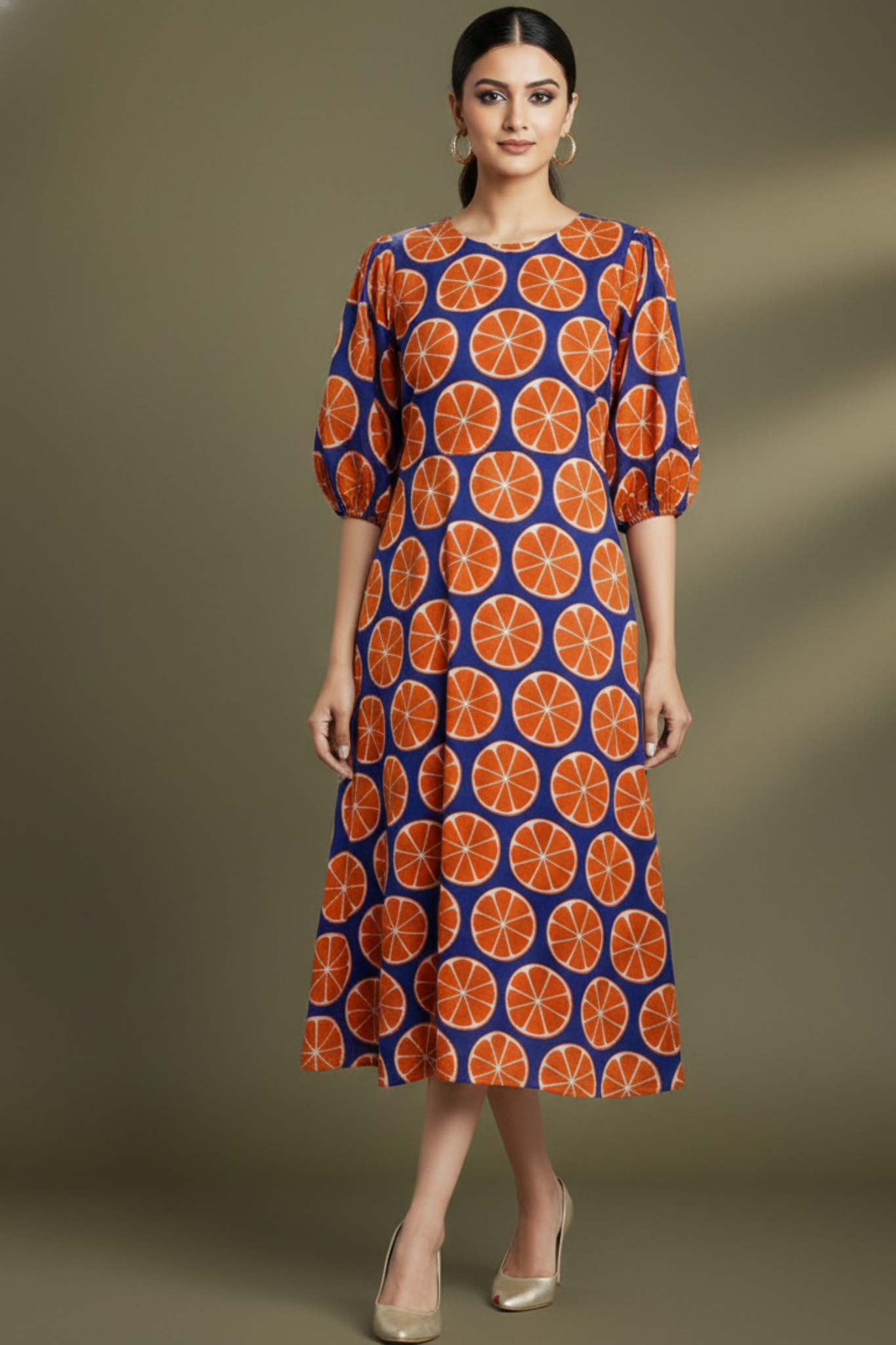 Blue Citrus Play Peasant Sleeve Cotton Dress