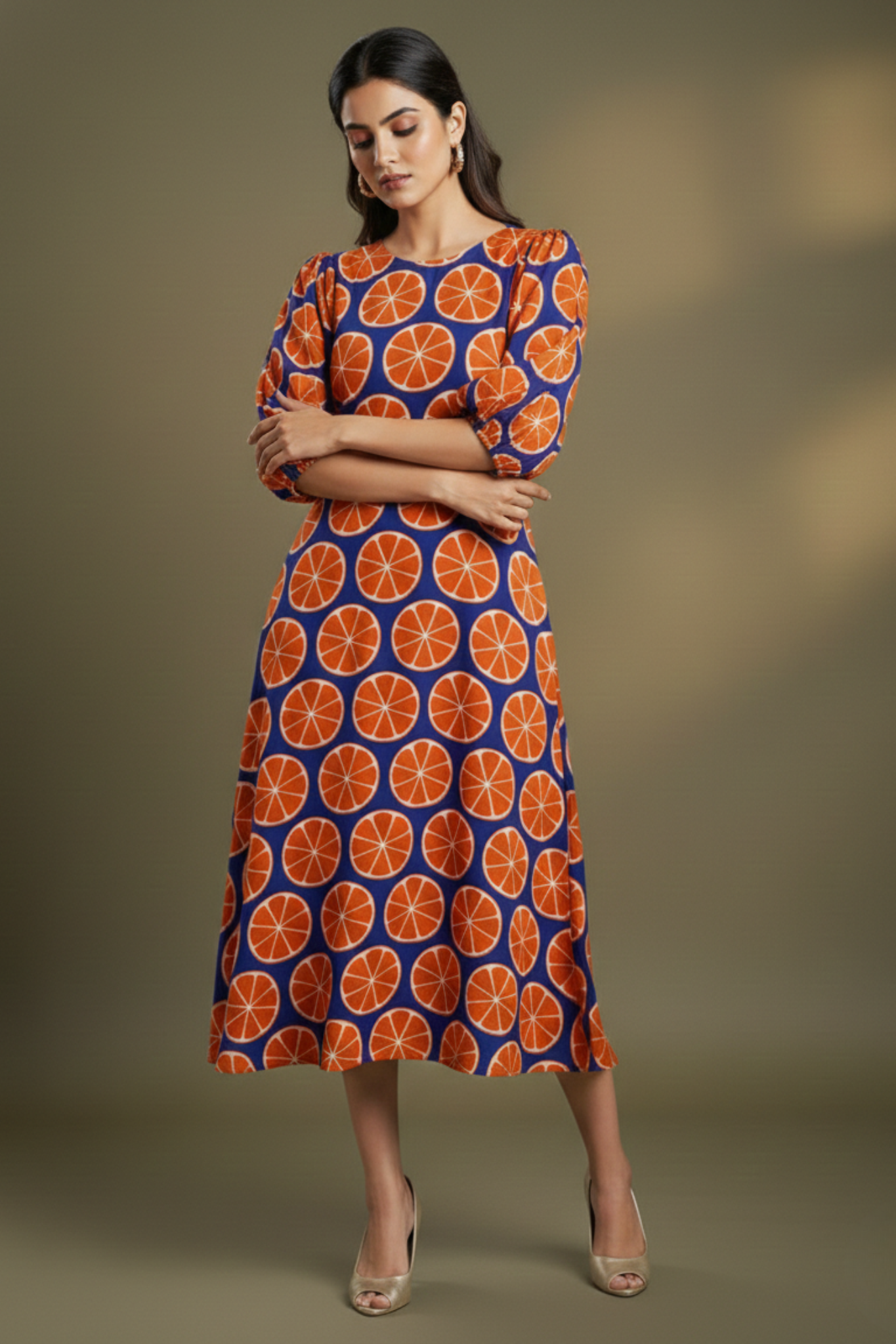 Blue Citrus Play Peasant Sleeve Cotton Dress
