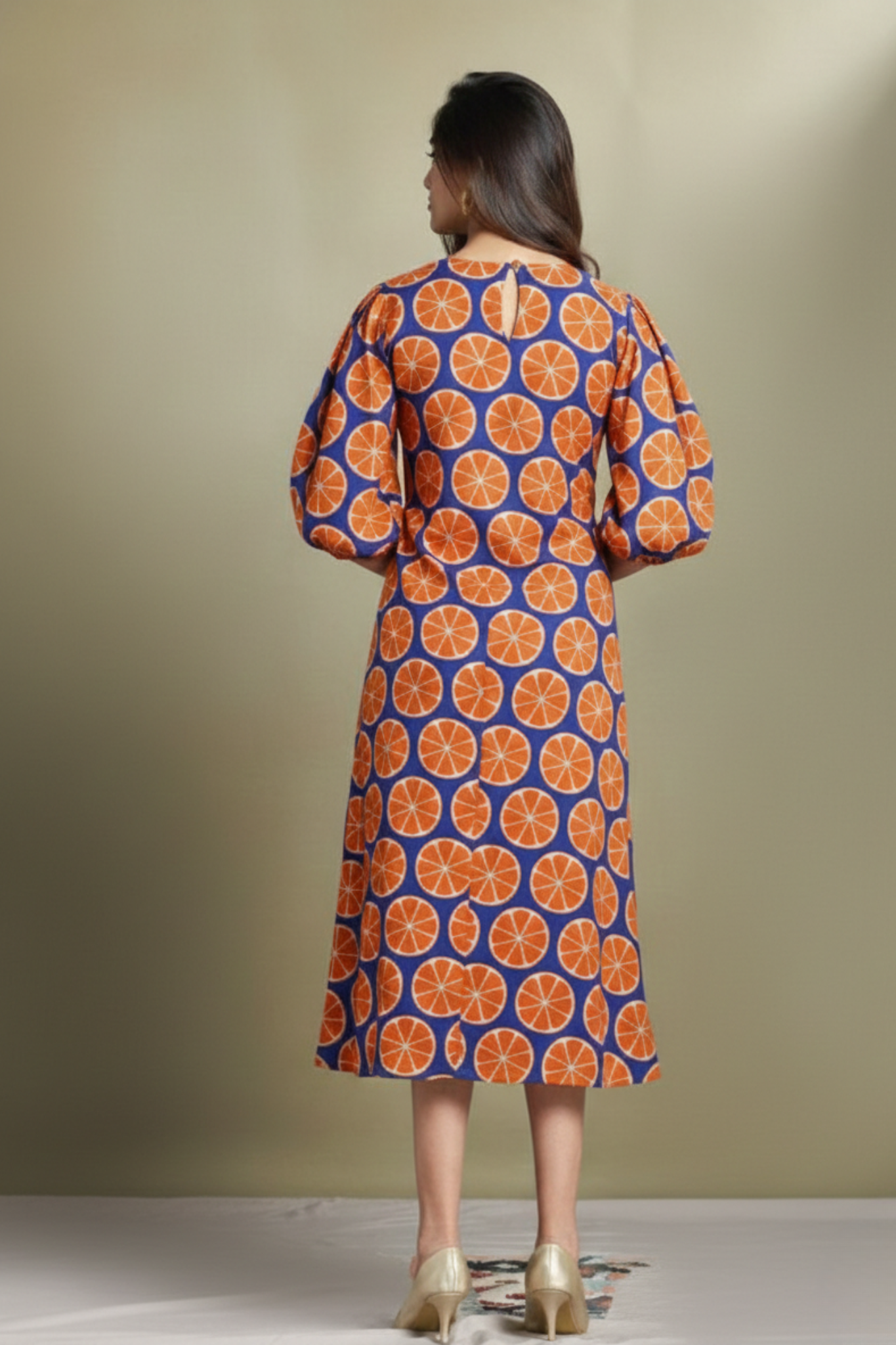 Blue Citrus Play Peasant Sleeve Cotton Dress