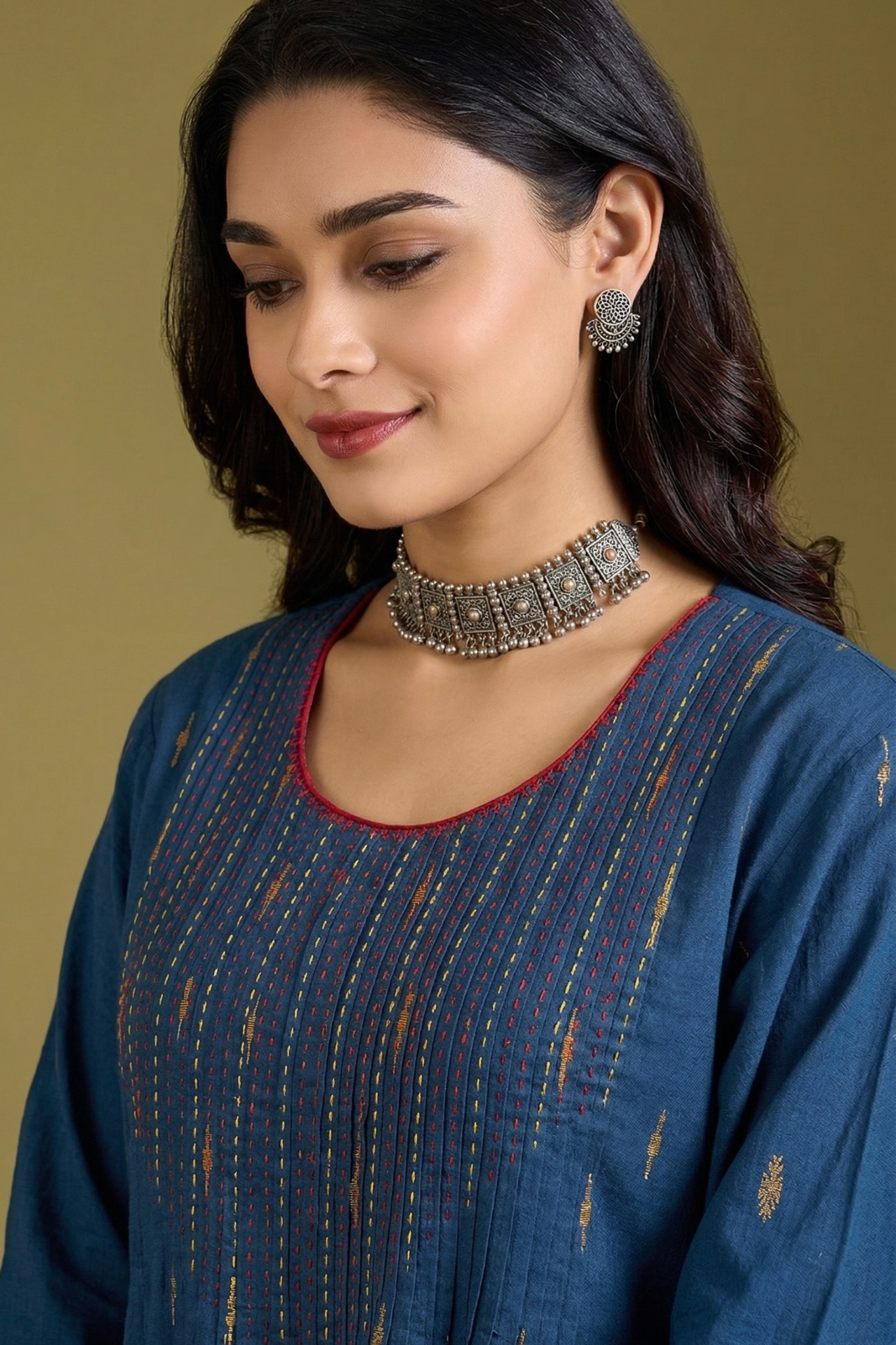 Blue Saffron Butti Pintuck Yoke & Sleeve Kalidar Kurta