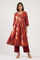 Burnt Saffron Ikat Pintuck Yoke Kalidar Kurta