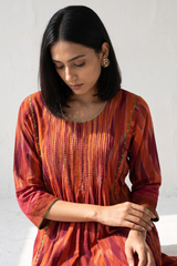 Burnt Saffron Ikat Pintuck Yoke Kalidar Kurta