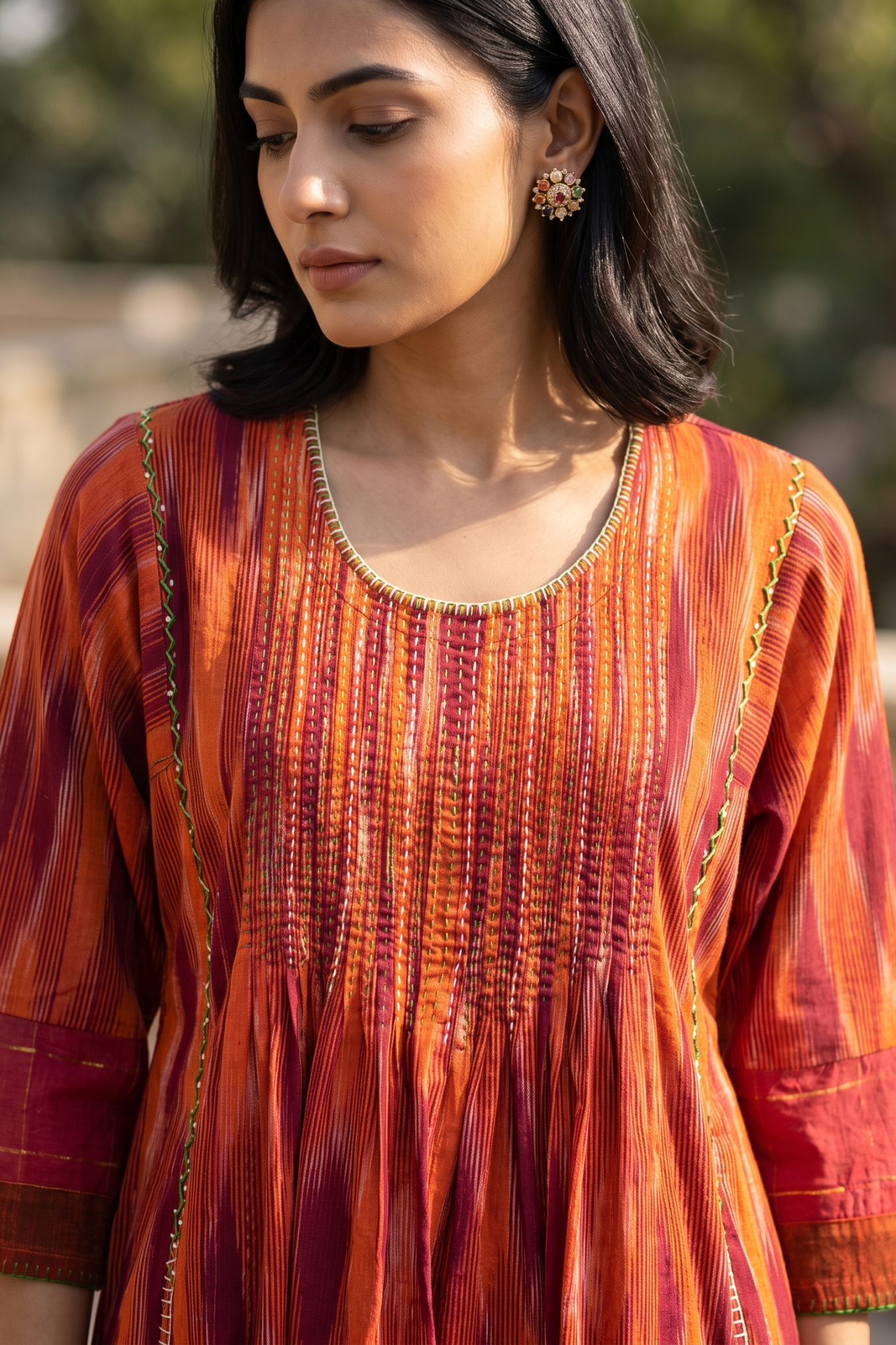 Burnt Saffron Ikat Pintuck Yoke Kalidar Kurta