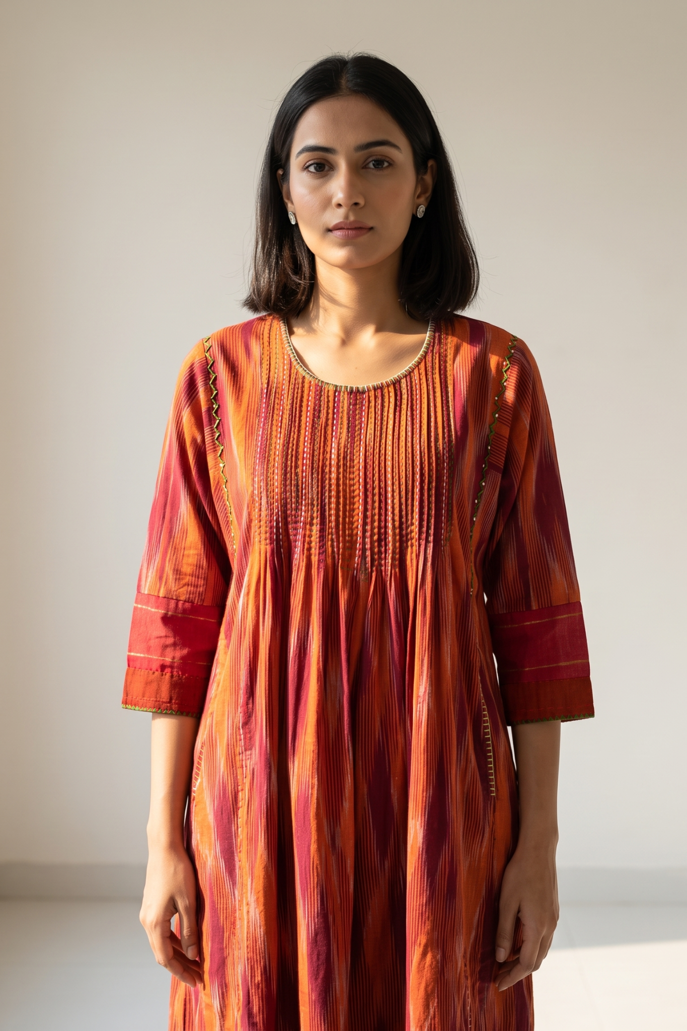 Burnt Saffron Ikat Pintuck Yoke Kalidar Kurta