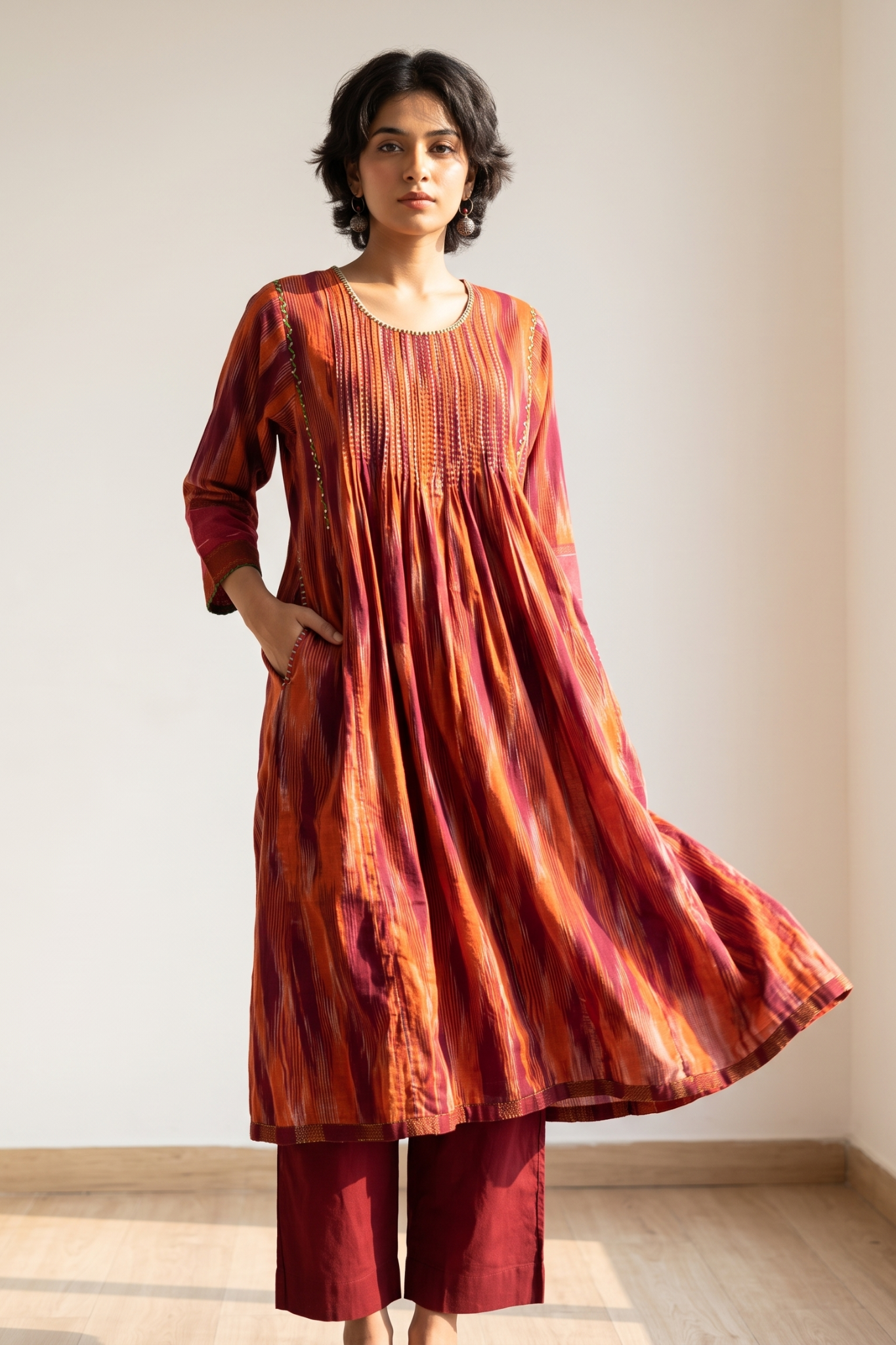 Burnt Saffron Ikat Pintuck Yoke Kalidar Kurta