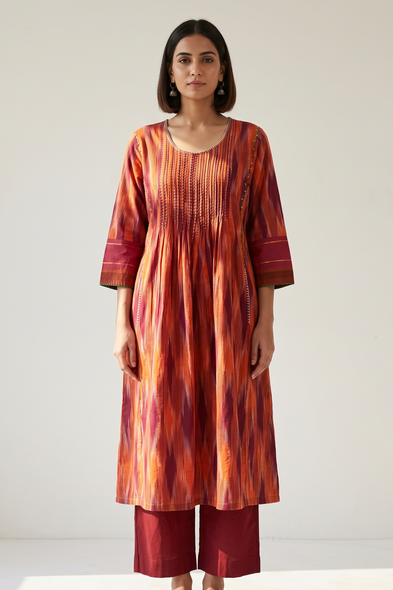 Burnt Saffron Ikat Pintuck Yoke Kalidar Kurta