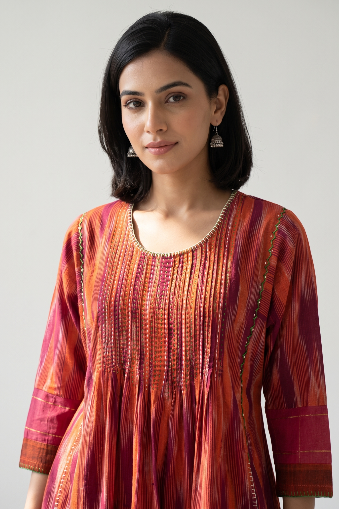Burnt Saffron Ikat Pintuck Yoke Kalidar Kurta