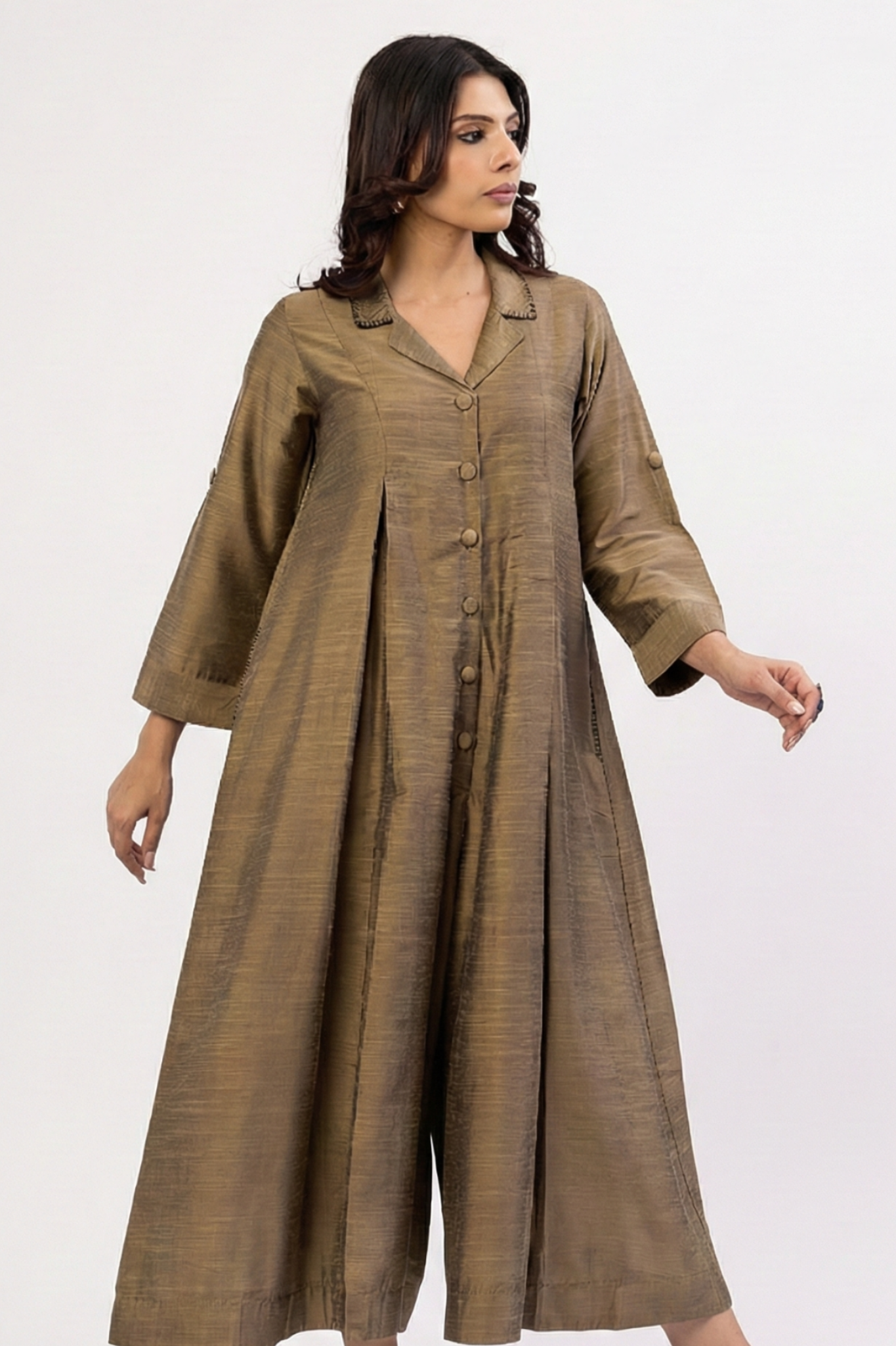 Beige Luxe Silk Slub Jumpsuit with Pockets & Collar