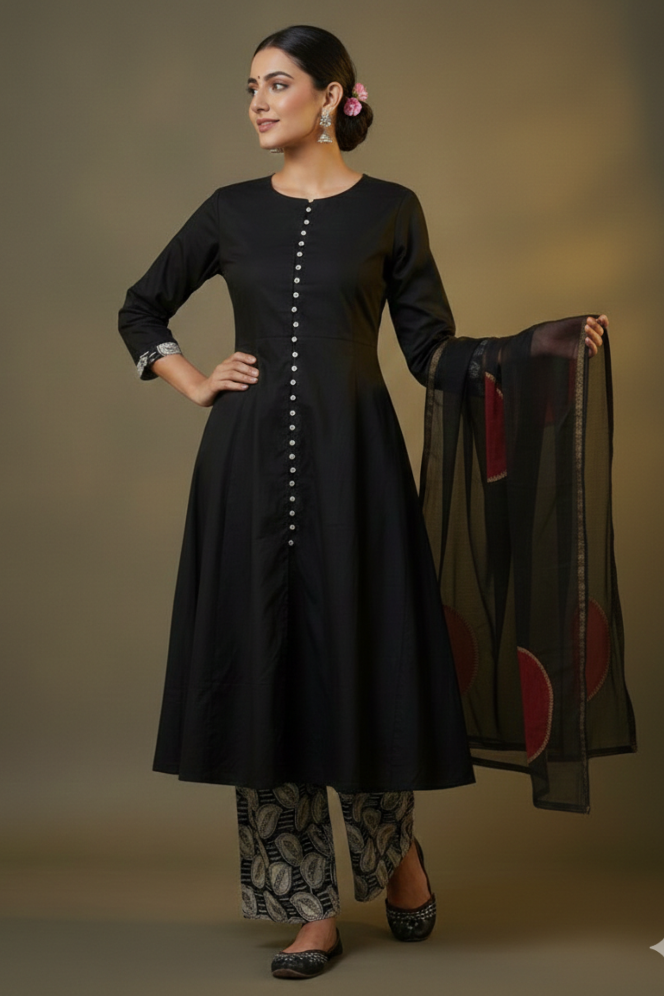 Charcoal Chic Pop Potli Anarkali Kurta Kurta