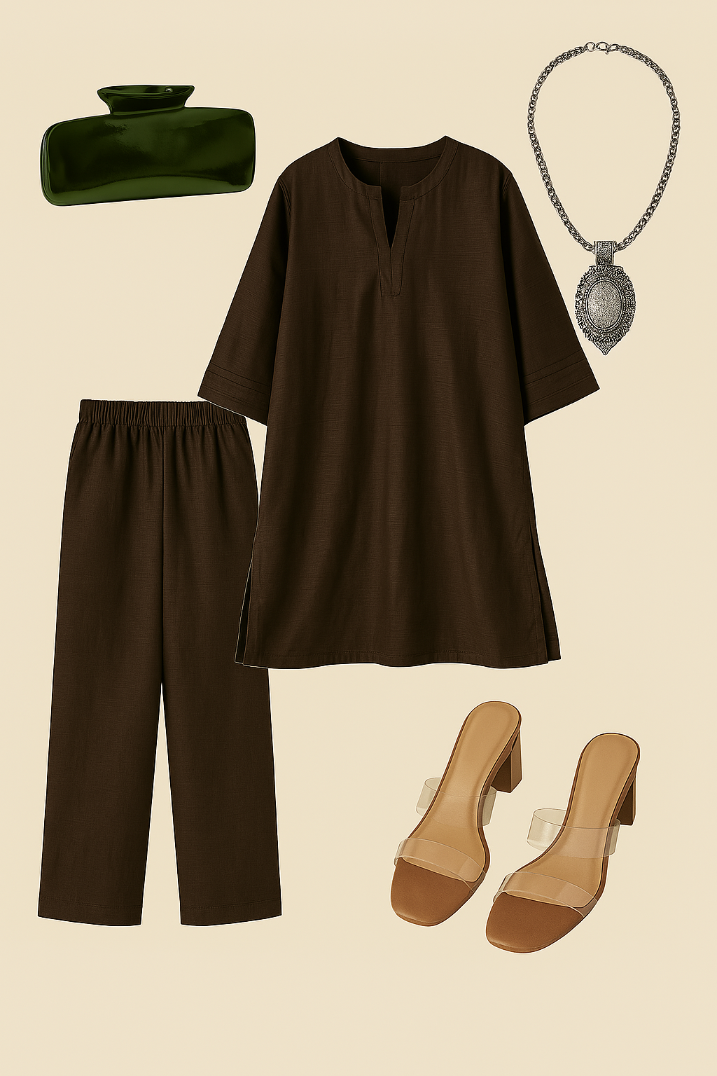 Coord Set Silk Slub Kalidar Kurta and Pants Bronzed Serenity