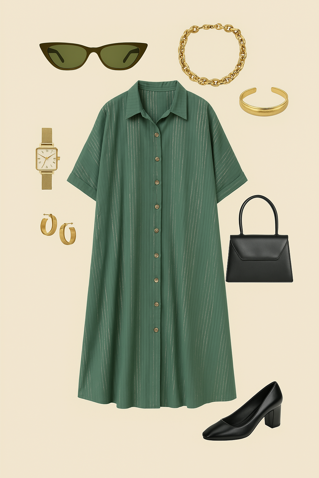 Emerald Gold Threads Button Down Kaftan Tunic