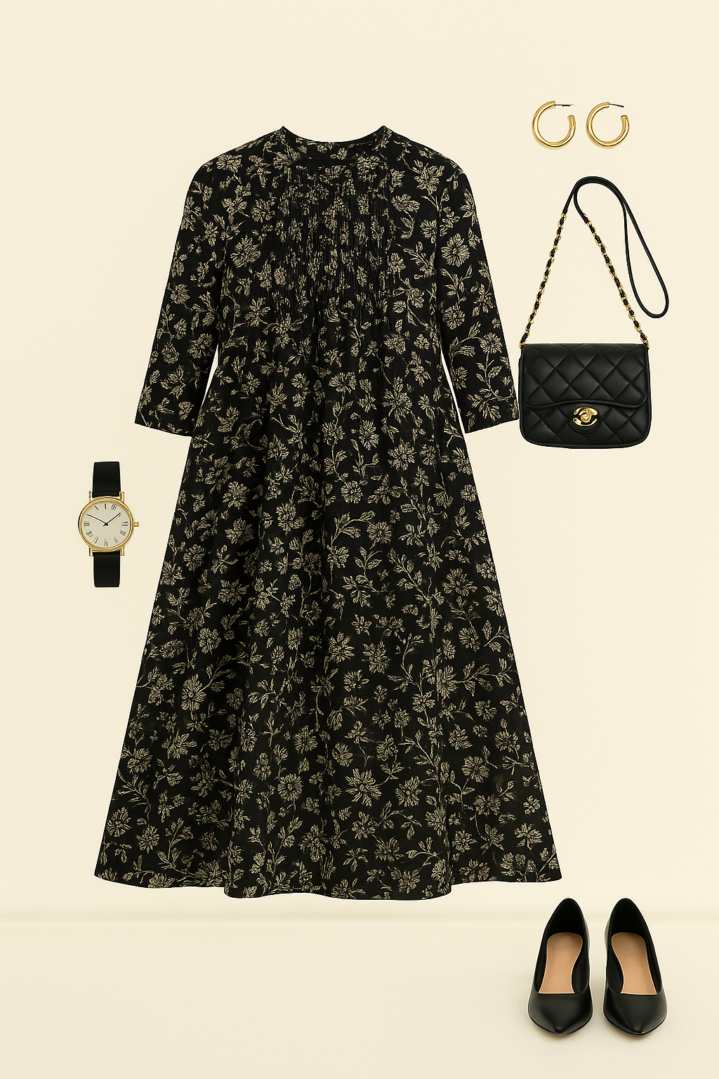 Floral Noir Pleated Pintuck Button Down Dress