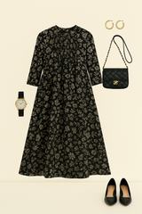 Floral Noir Pleated Pintuck Button Down Dress