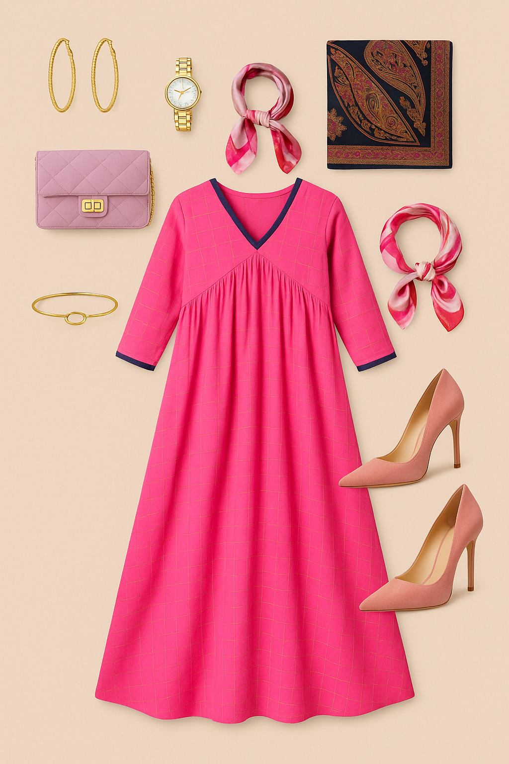 Gulabi Grid & Gold V-Neck Gather Anarkali