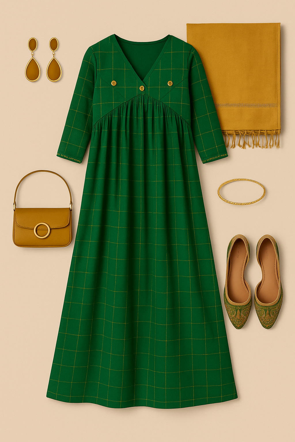 Emerald Checks  & Gold V-Neck Gather Anarkali