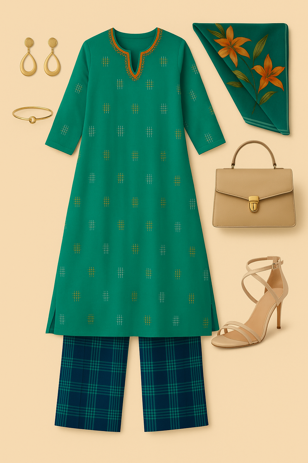 Co-ord Set Coastline Checks Long Kurta with Side Twist