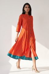 Mandarin Collar Citrus Leaf Butti Button Down Cotton  Dress