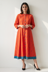 Mandarin Collar Citrus Leaf Butti Button Down Cotton  Dress