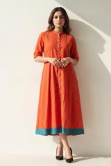 Mandarin Collar Citrus Leaf Butti Button Down Cotton  Dress