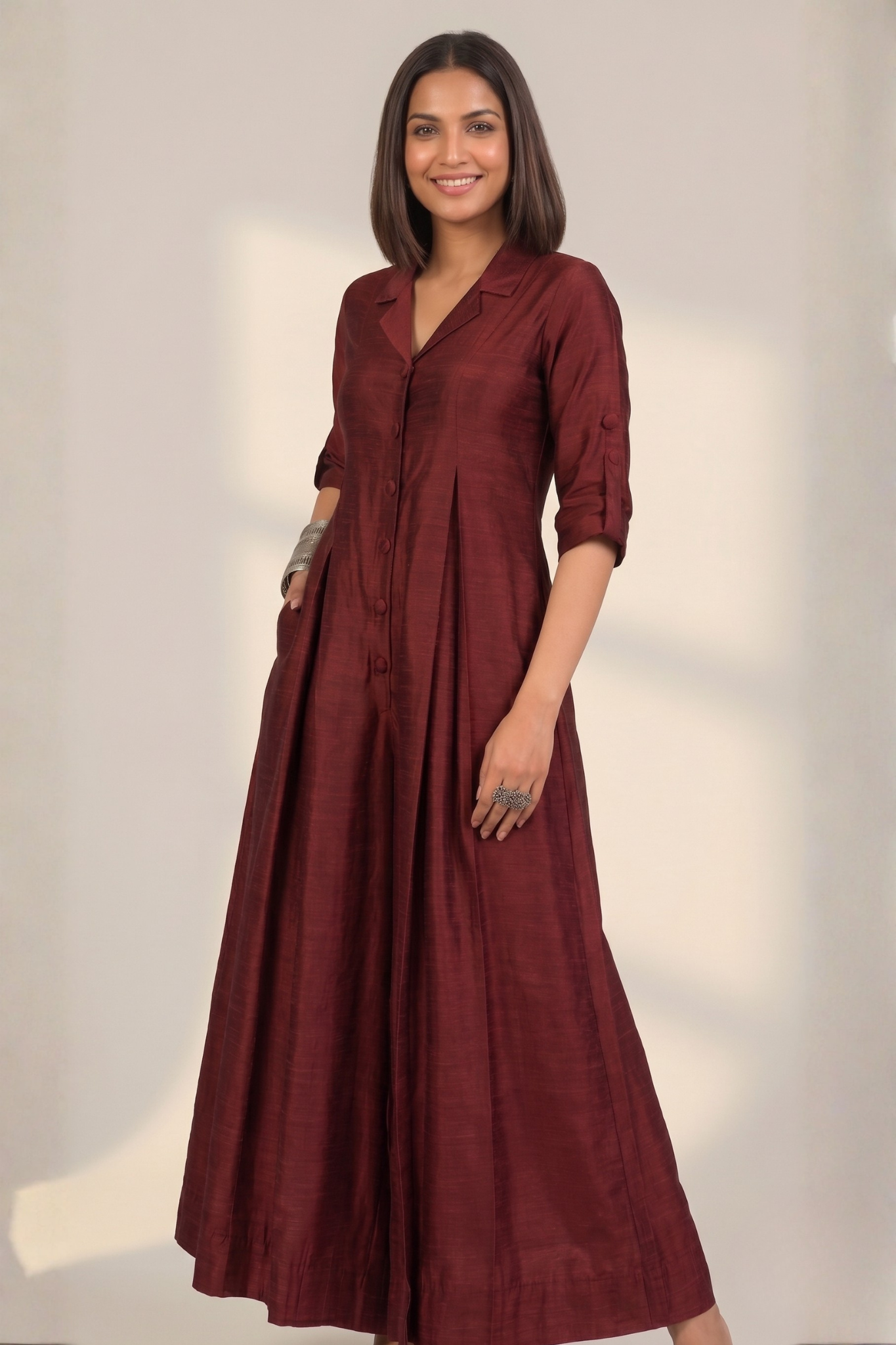 Clay Wine Silk Slub Jumpsuit with Pockets & Collar