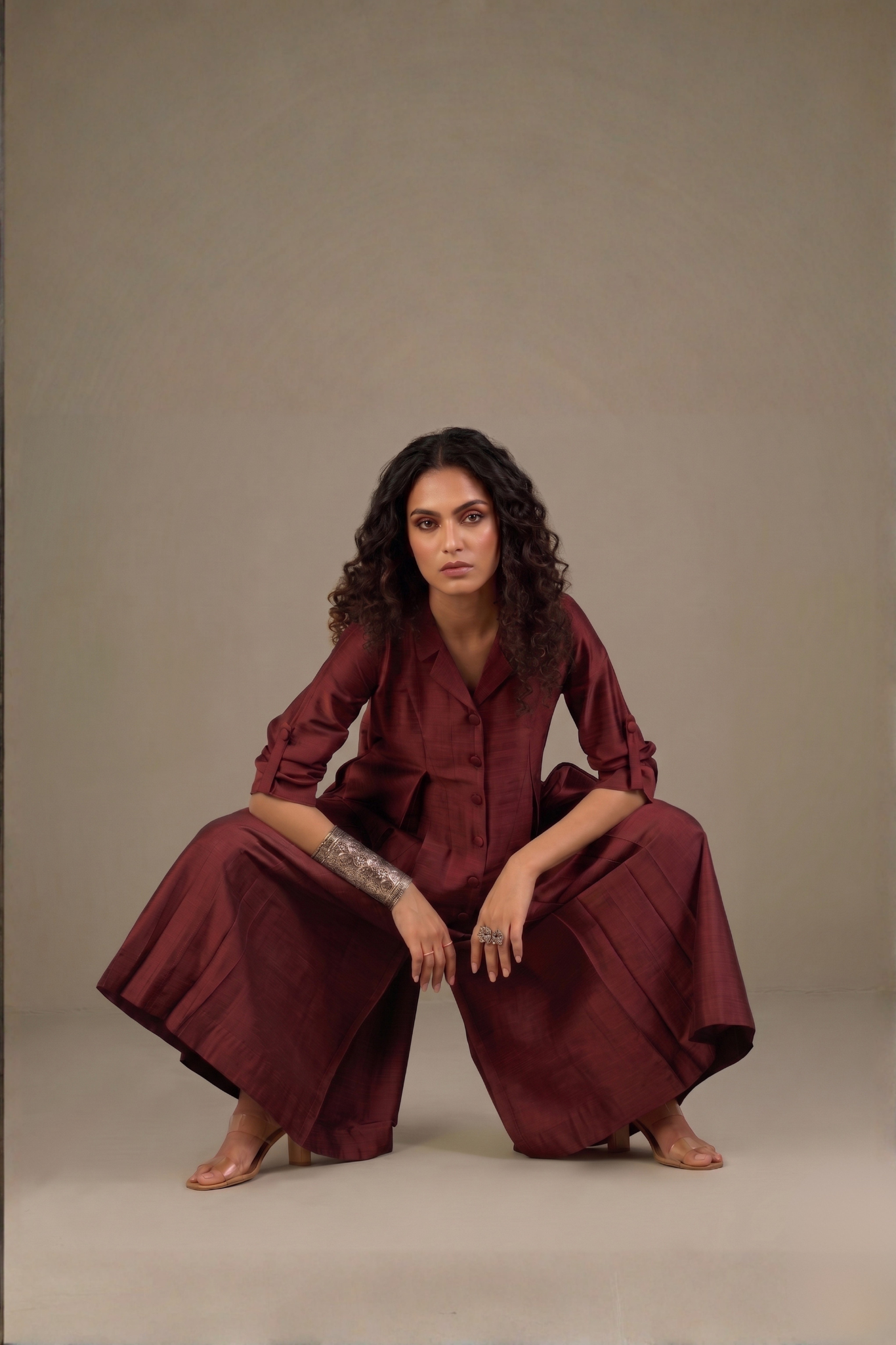 Clay Wine Silk Slub Jumpsuit with Pockets & Collar