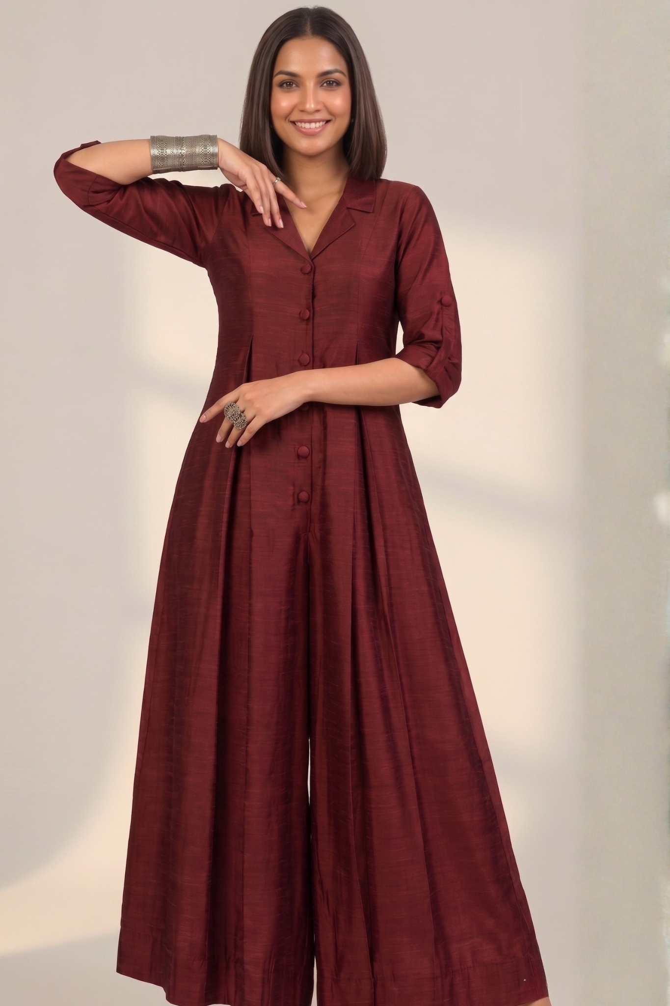 Clay Wine Silk Slub Jumpsuit with Pockets & Collar