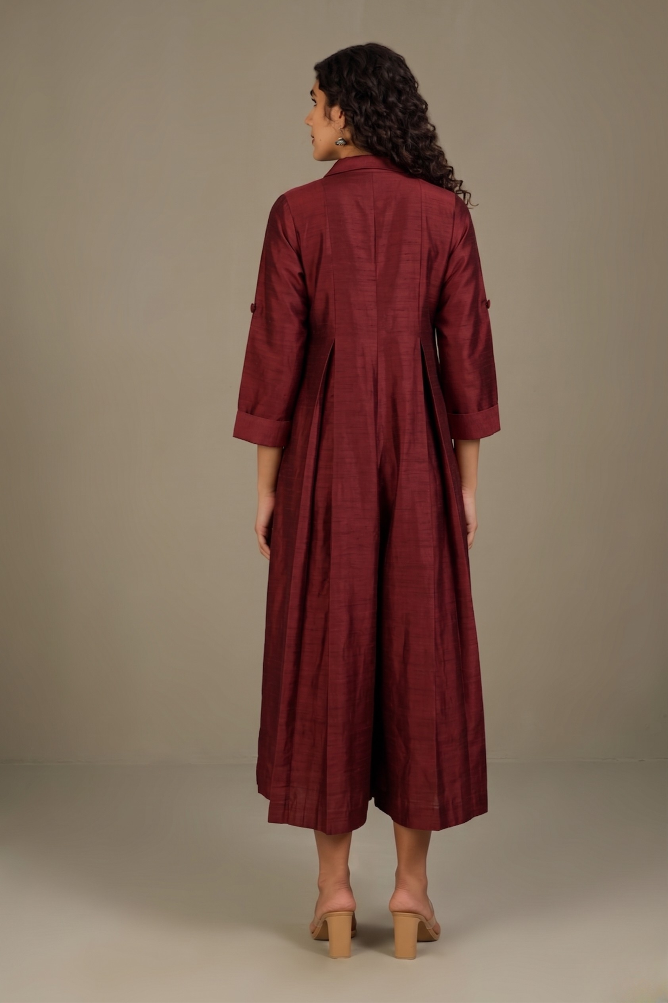 Clay Wine Silk Slub Jumpsuit with Pockets & Collar