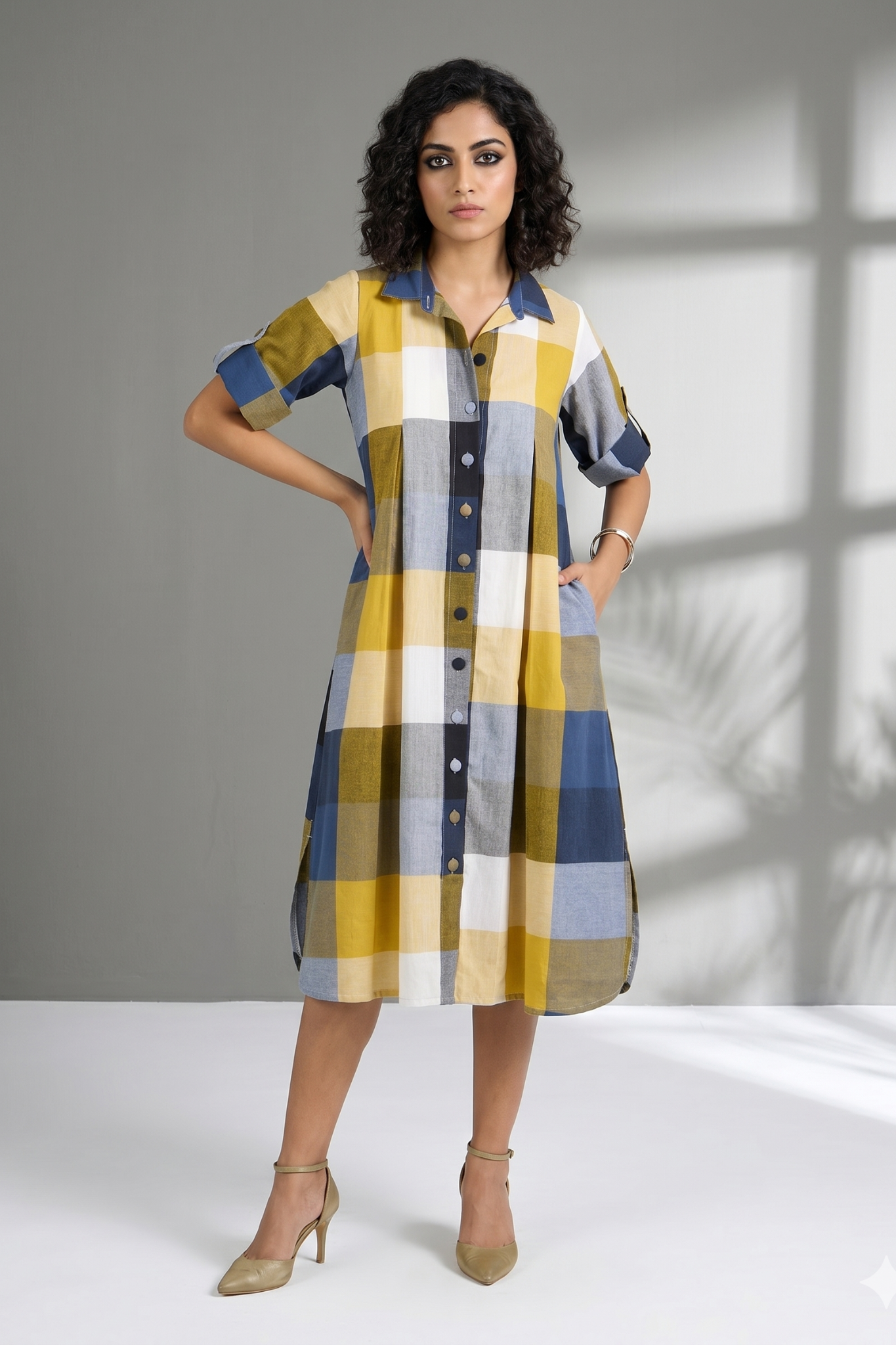 Coastal Checks Box Pleat Button Down Shirt Dress