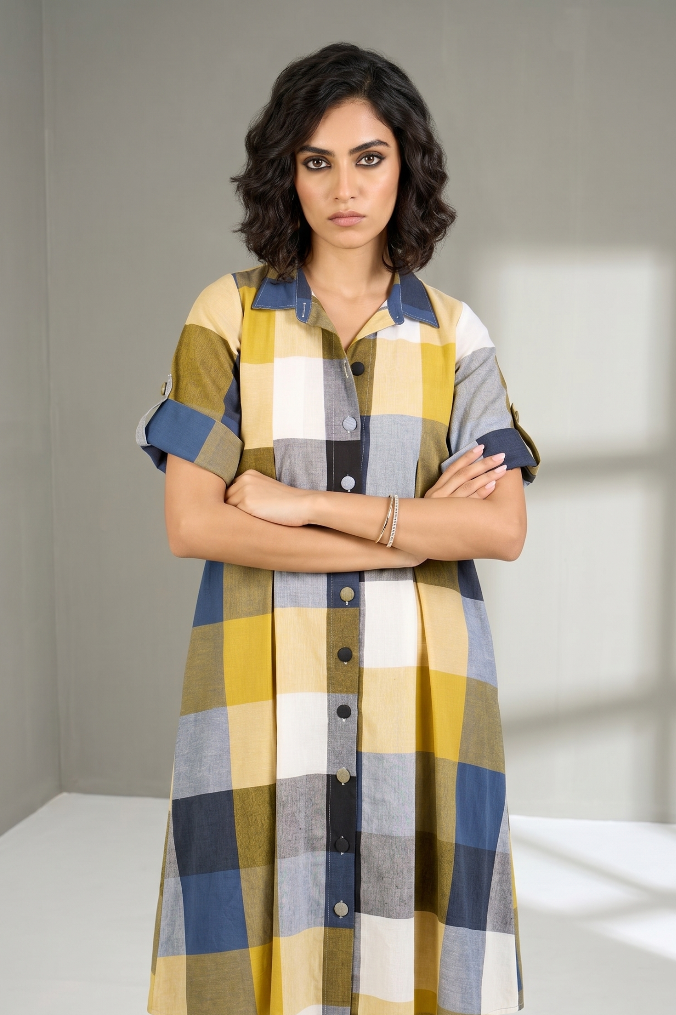 Coastal Checks Box Pleat Button Down Shirt Dress