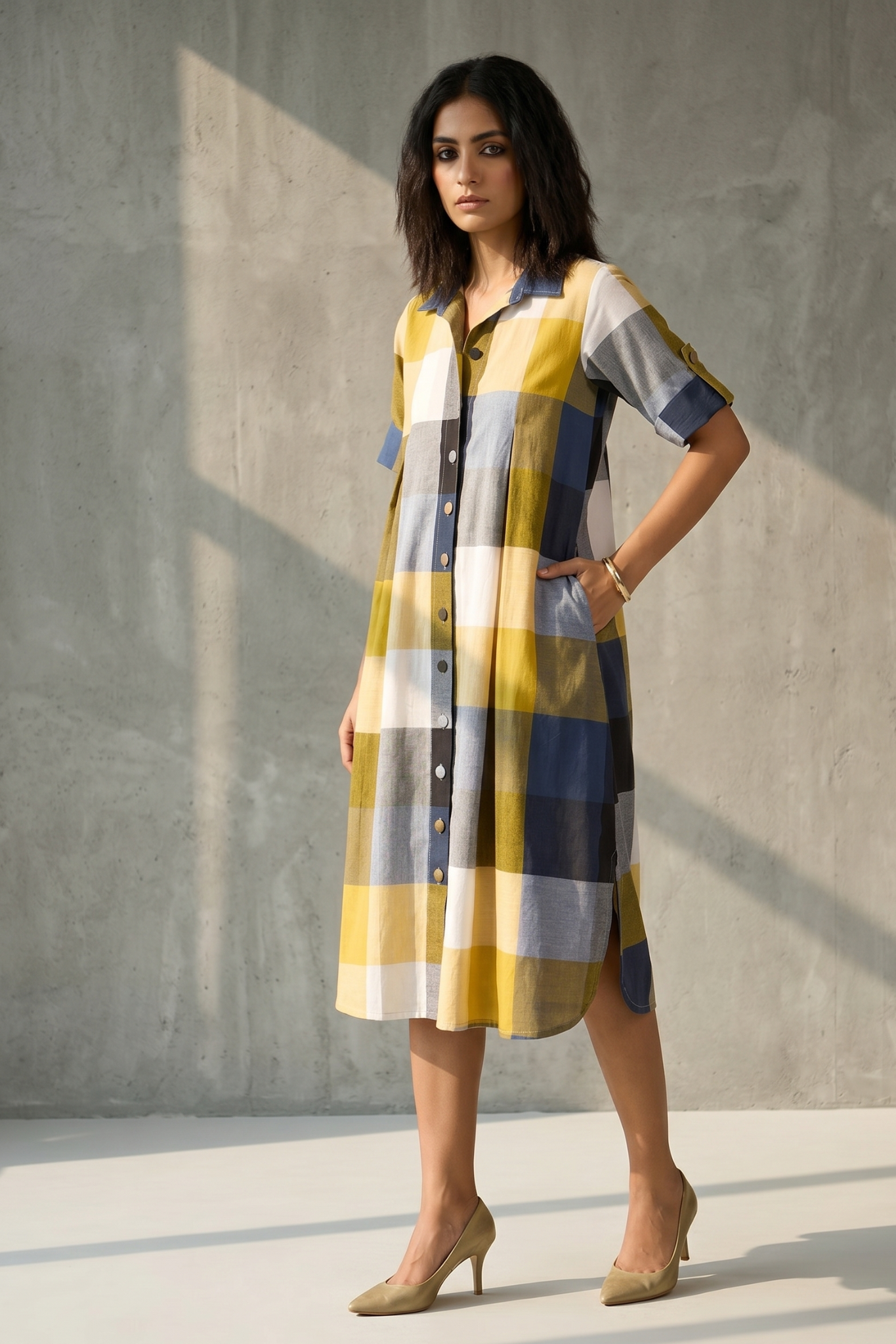 Coastal Checks Box Pleat Button Down Shirt Dress
