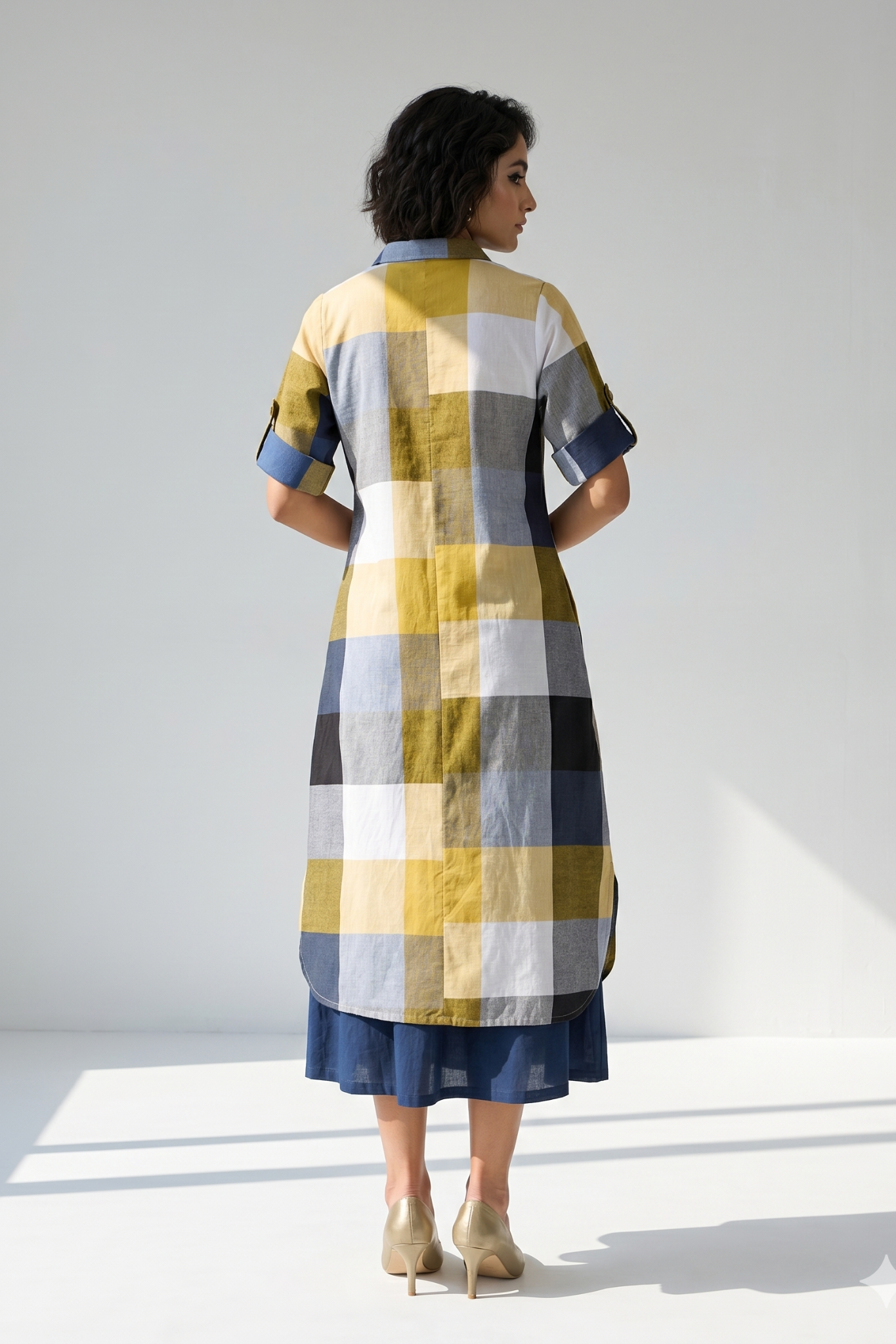 Coastal Checks Box Pleat Button Down Shirt Dress