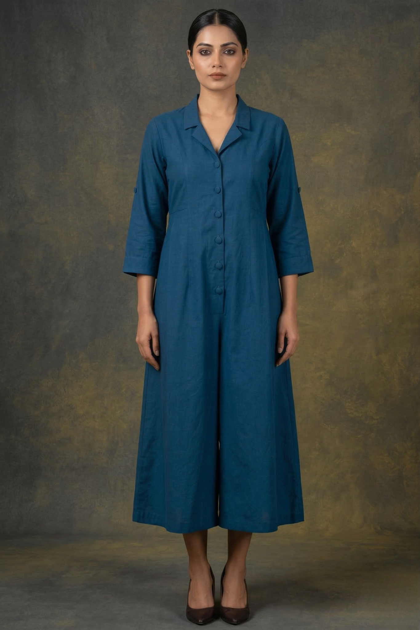 Cobalt Depths Poplin Princess Cut Jumpsuit with Pockets & Collar