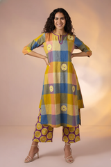 Colorburst Checks Cotton Long Kurta With Side Twist